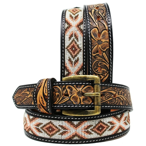 25-26  Unisex 1.5" Western Floral Tooled Beaded Full-Grain Leather Belt 26RT34