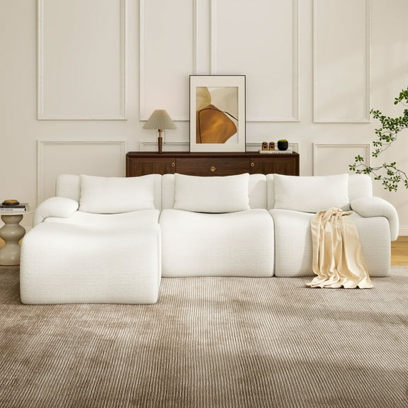 Aylenic White Boneless Sectional Couches for Living Room, 117" L Shaped Curved Modular Sofa with Ottoman, Deep Comfy 3 Seater Chenille Foam Couch, Modern No Assembly Sofa for Bedroom, Apartment
