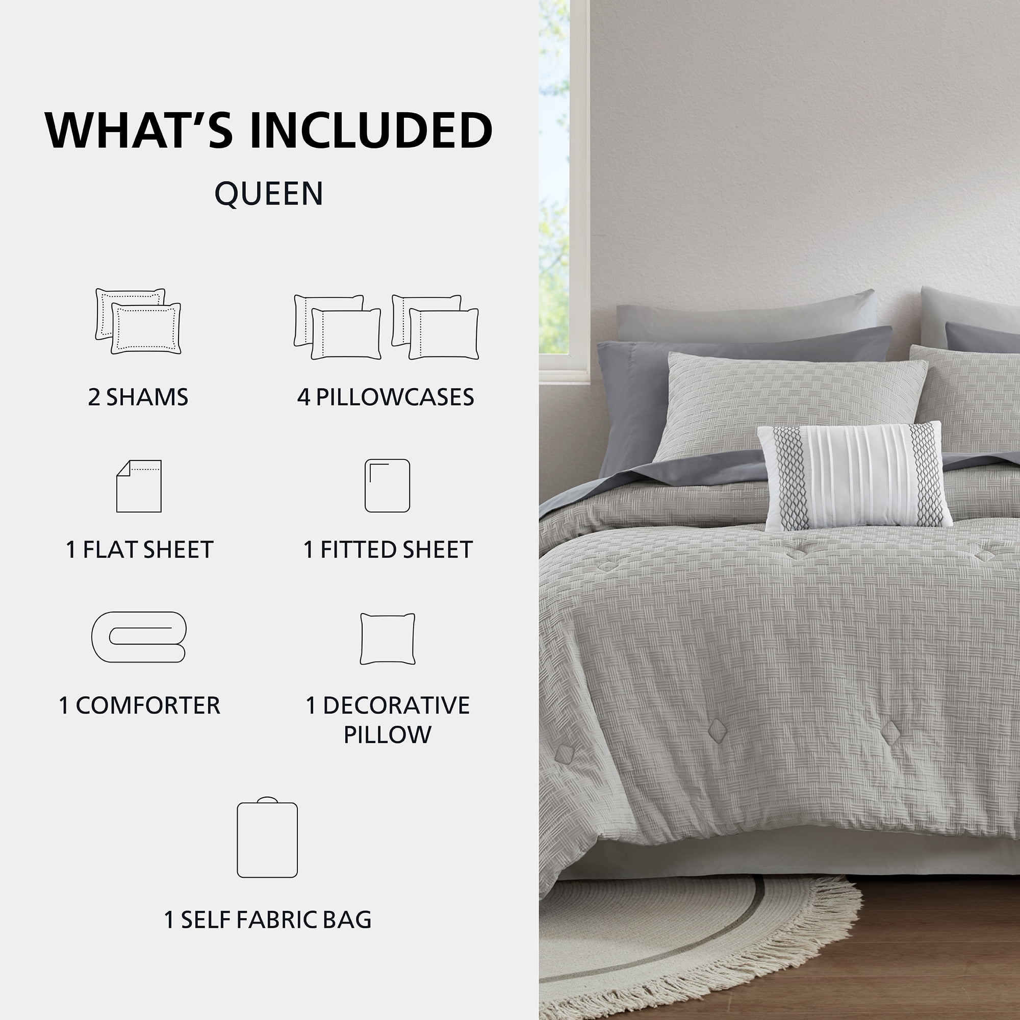 Mainstays 11-Piece Bed in a Bag Comforter Set with Sheets, Grey Basketweave, Queen