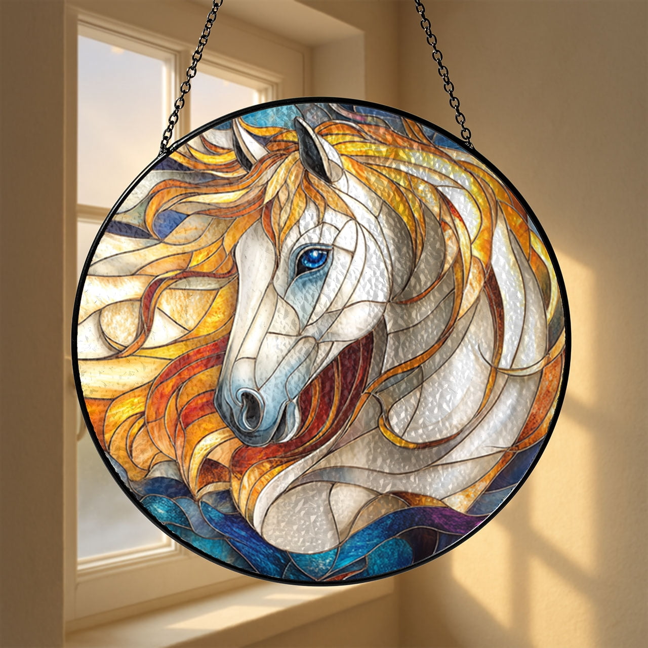 Faux Stained Glass Cremello Horse Panel, Rustic Country Window Art