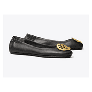 Tory Burch Minnie Travel Ballet With Metal Logo- Sz 9 (Perfect Black/ Gold)