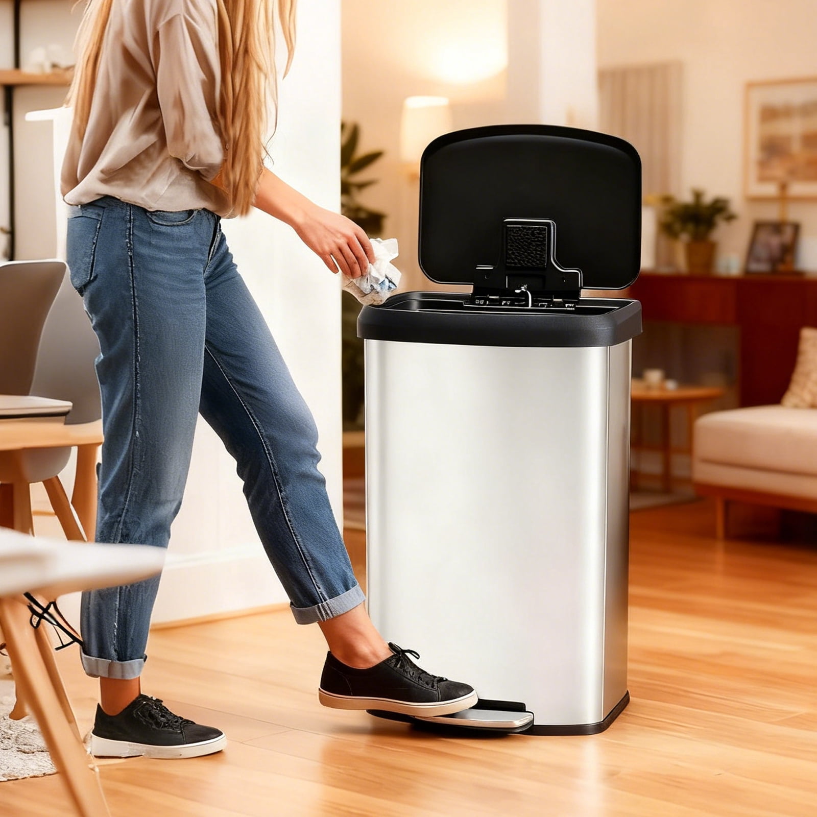 21 Gallon Dual Compartment Trash Can with Lid, 80L Stainless Steel Recycling Bin with Soft Close Lid & Step Pedal, Large Garbage Can for Kitchen, Home, Silvery