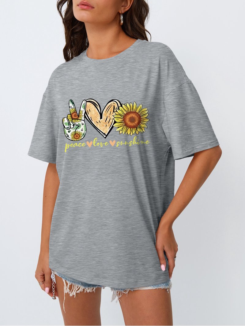 Women's Sunflower Peace Love Graphic T-Shirt - Casual Short Sleeve Tee