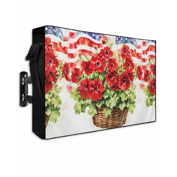 4th of July Flower Outdoor TV Cover 52 to 55 Inch Weatherproof, Vintage Red Stripe Flag Poppy Floral 600D Oxford TV Covers with Waterproof Zipper, Outside Flat TV Screen Protector 52"Wx19"Hx4.5"D