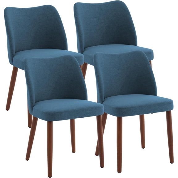 Dining Chair Set of 4, Linen Upholstered Dining Chair with Wood Legs, Wing Backrest, Wooden Kitchen Chair, Kitchen Chairs with Thick Cushions for Dining Room, Living Room, Blue