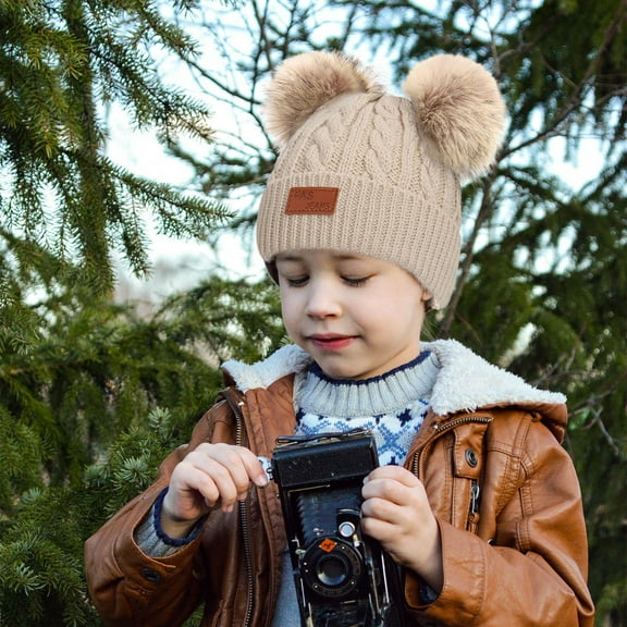 Kids Boys Girls Winter Beanie Hat Toddler Warm Fleece Lined Knit Thick Beanies Cap with Double Pom Pom