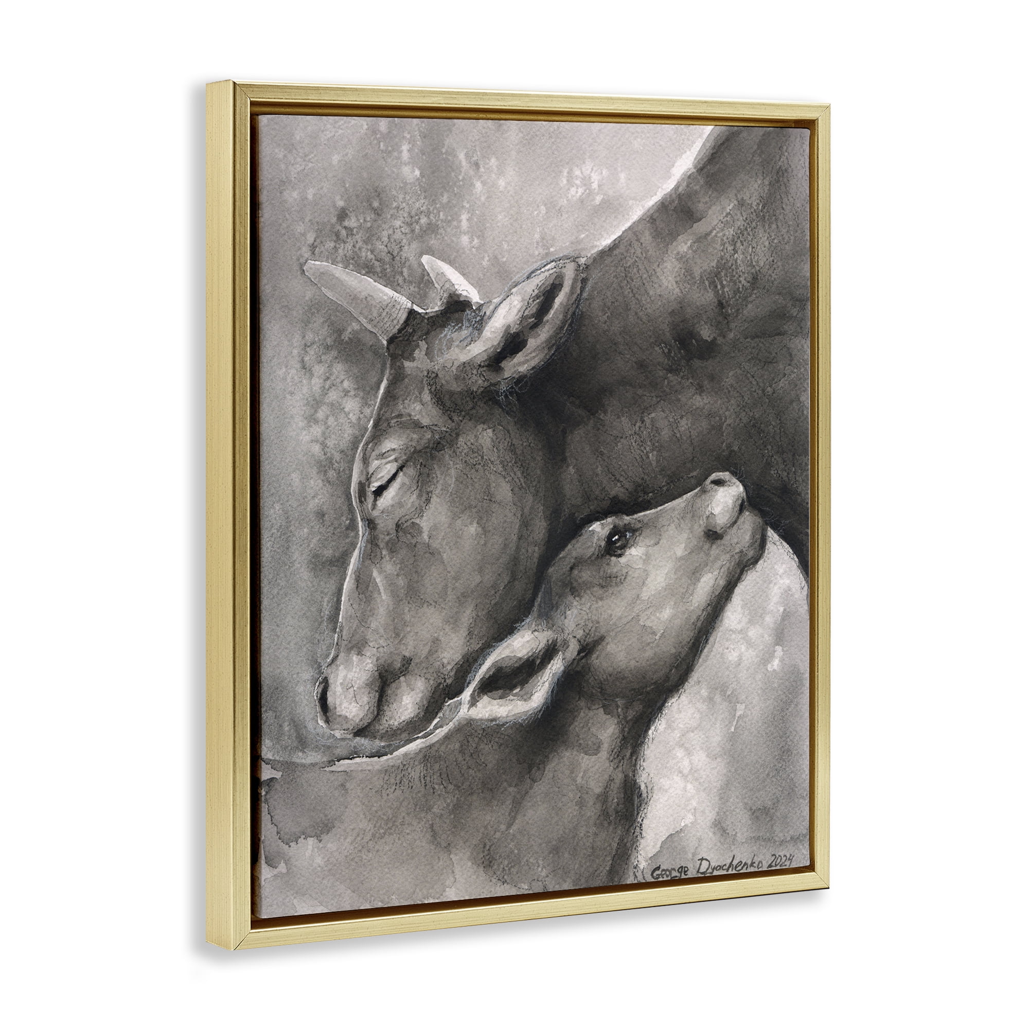 Stupell Industries Mother Cow & Calf Animals Drawing Gold Floater Framed Canvas Art Print Wall Art, 17 x 21