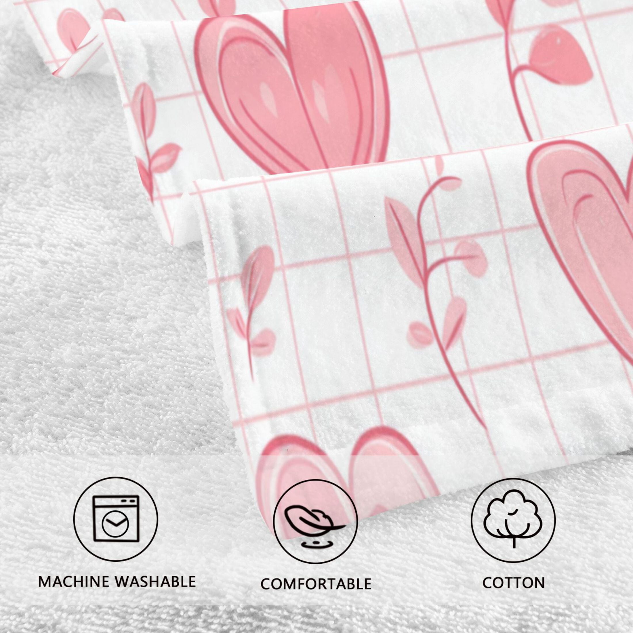 2 Pcs Absorbent Face Towel Bath Hand Towels Soft Breathable Cotton Towel Set for Bathroom Kitchen Hotel Spa Decor Pink Heart