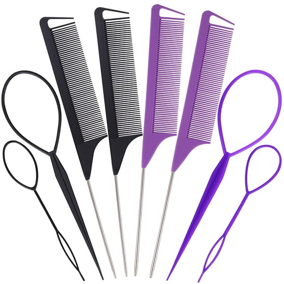 Topsy Tail Hair Tools for Styling Tail Combs for Hair Styling Topsy Turvy Hair Tool 4PCS Rat Tail Combs & 4 PCS Hair Loop Styling Tool Hair Tail Tools Hair Styling Tools & Appliances