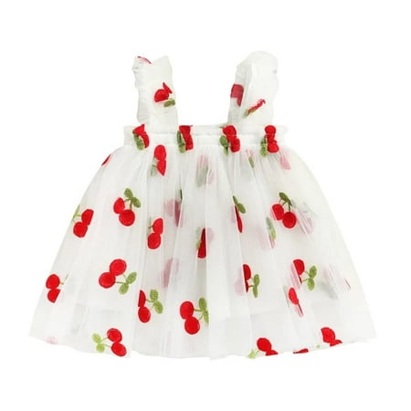 

StylesILove Baby Toddler Girls Sleeveless Mesh Tulle Fruit Daisy Flower Girl Tutu Dress Birthday Wedding Party Sundress Outfit (12 Months White Cherry)