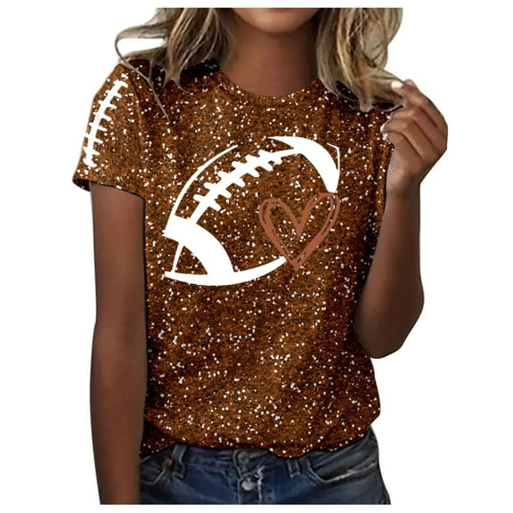 Holzkary Game Day Shirts Women Football Season Sequin Print Shirts Short Sleeve Football Graphic Pullover Tops Game Day Outfits Women's Rugby Love Print Round Neck Short Sleeve Top T Shirt Brown L