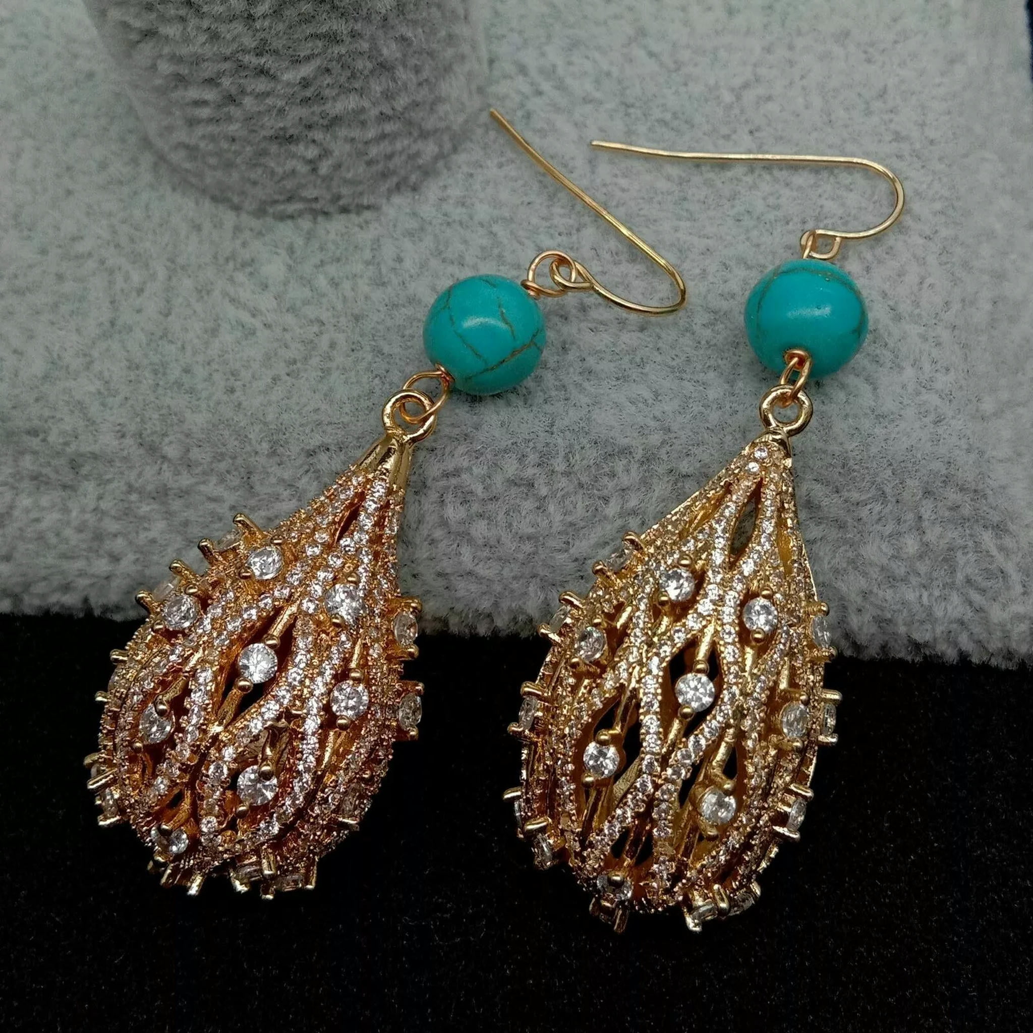 EOEMY Blue Turquoise Cubic Zirconia Pave Teardrop Hook Earring