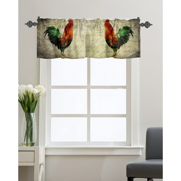Kitchen Cafe Valance Curtain for Small Windows,Rustic Farmhouse Animals Rooster Rod Pocket Short Valances Vintage Old Newspaper Window Treatment Panel for Living Room/Bedroom/Bathroom,54x18in