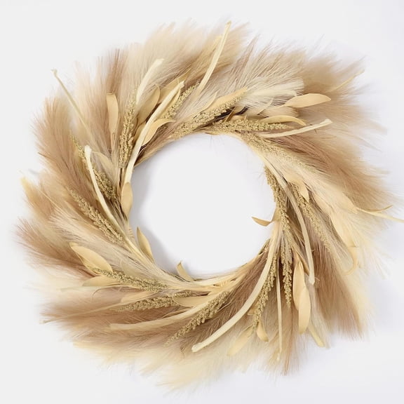 Perfnique Pampas Grass Wreath, 27'' Fall Wreath for Front Door, Pampas Wreath for All Seasons, Boho Wall Decor, Farmhouse Rustic Floral Wreath, DIY Wreath Arrangement (Mixed-Color, Ribbons)