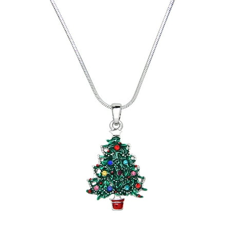 Christmas Tree Pendant Necklace Rhinestone Crystal Rhodium High Polished