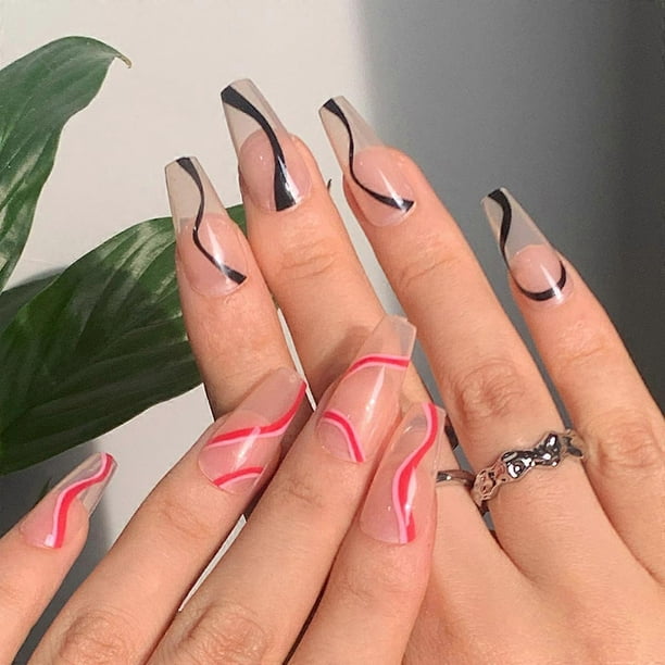 24-Pack Women's Pressed Nails False Long Lines Black Pink Two-tone Colorblock Wavy Nail Art DIY Manicure Tools Full Coverage Nail Stickers