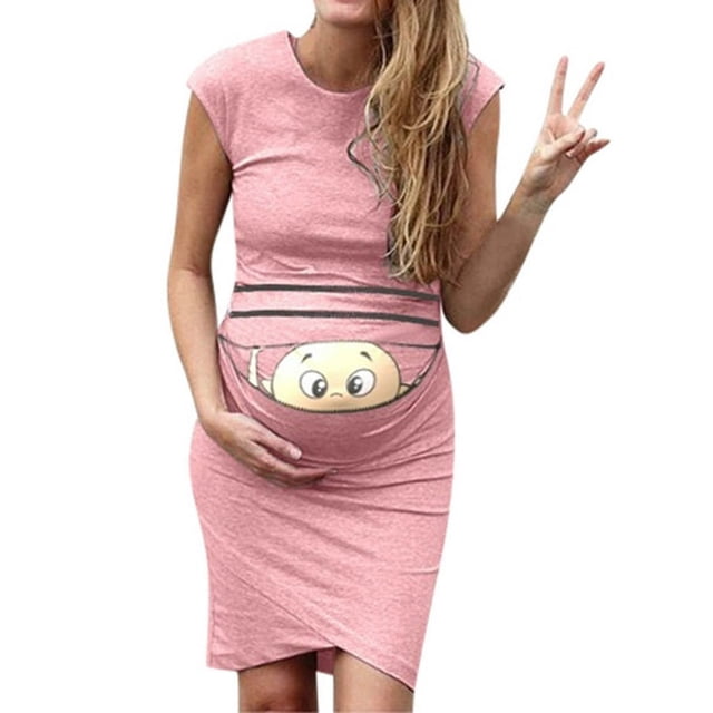 CHUANK Liquidation Vêtements de Maternité en Polyester pour Femmes Été Nouveau Col Rond Sans Manches Couleur Unie Imprimé Robe Mignonne Grossesse