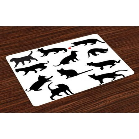 Play Place Mat Cat Placemats Set of 4 Silhouette of Kittens in Various Postures Playing Red Ball Animal Pet Paw Print, Washable Fabric Place Mats for Dining Room Kitchen Table Decor,Vermilion Black, by Ambesonne ()