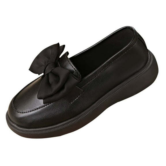 Black Women'S Classic Bow Accent Flat Shoes With Thick Sole, Perfect For Casual And Dressy Wear
