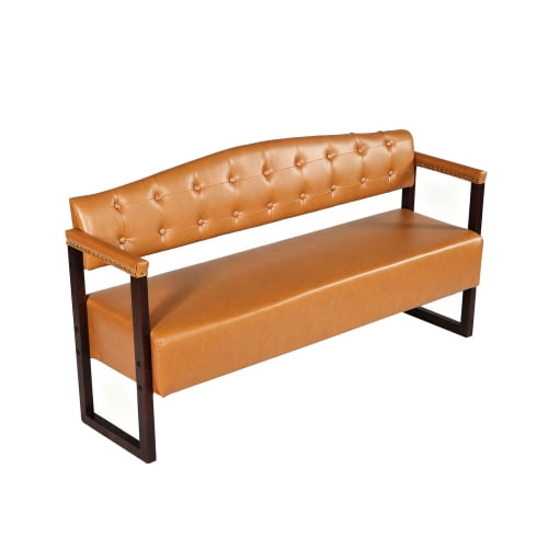 57.83" Waiting Room Bench, Mid-Century Modern Reception Sofa with Tufted Backrest and Nailhead Trim, Black PU Leather Commercial Waiting Bench for Beauty Salon, Spa, Office, Barber Shop, Dark Brown