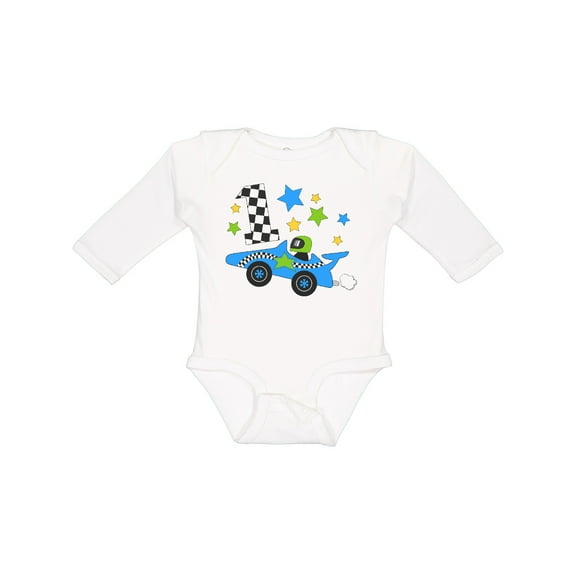 Inktastic Happy 1st Birthday Blue Racing Car Boys or Girls Long Sleeve Baby Bodysuit