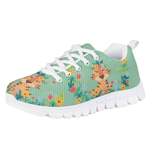 Pzuqiu Floral Tiger Girls Sneakers Size 4 Lightweight Casual Running Shoes Comfortable Walking Shoes Kids School Shoes Lace Up