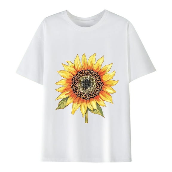 Women's Sunflower T-Shirts Loose Fit Round Neck Short Sleeve Plus Size Base Tees Cute Graphic Tshirts (XL, White)