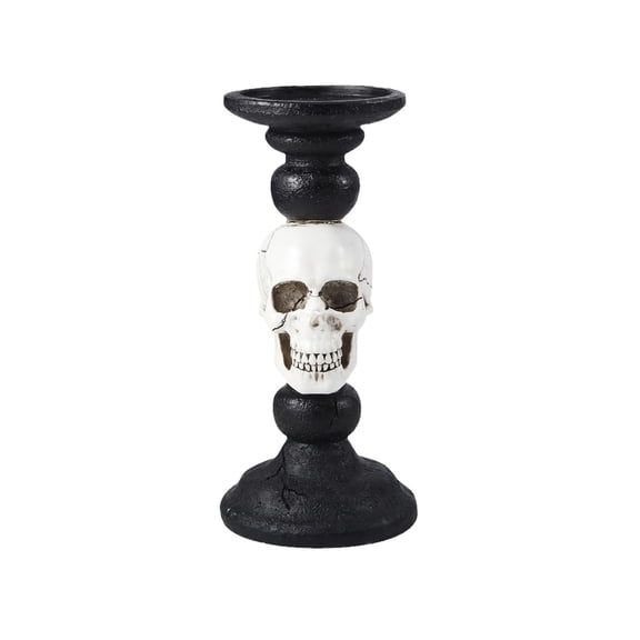Halloween Skull Candle Holder, Black Resin Pillar Wax Candlestick for Indoor Halloween Decoration, Gothic Tabletop Ornament