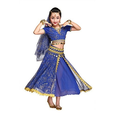 Feimei Girl?s Exotic Jasmine Belly Dance Costume Set with Halter Top Parkly Fringe Skirt and Sequin Coins Designed for Performance Cosplay Carnival and Halloween Party (Blue,