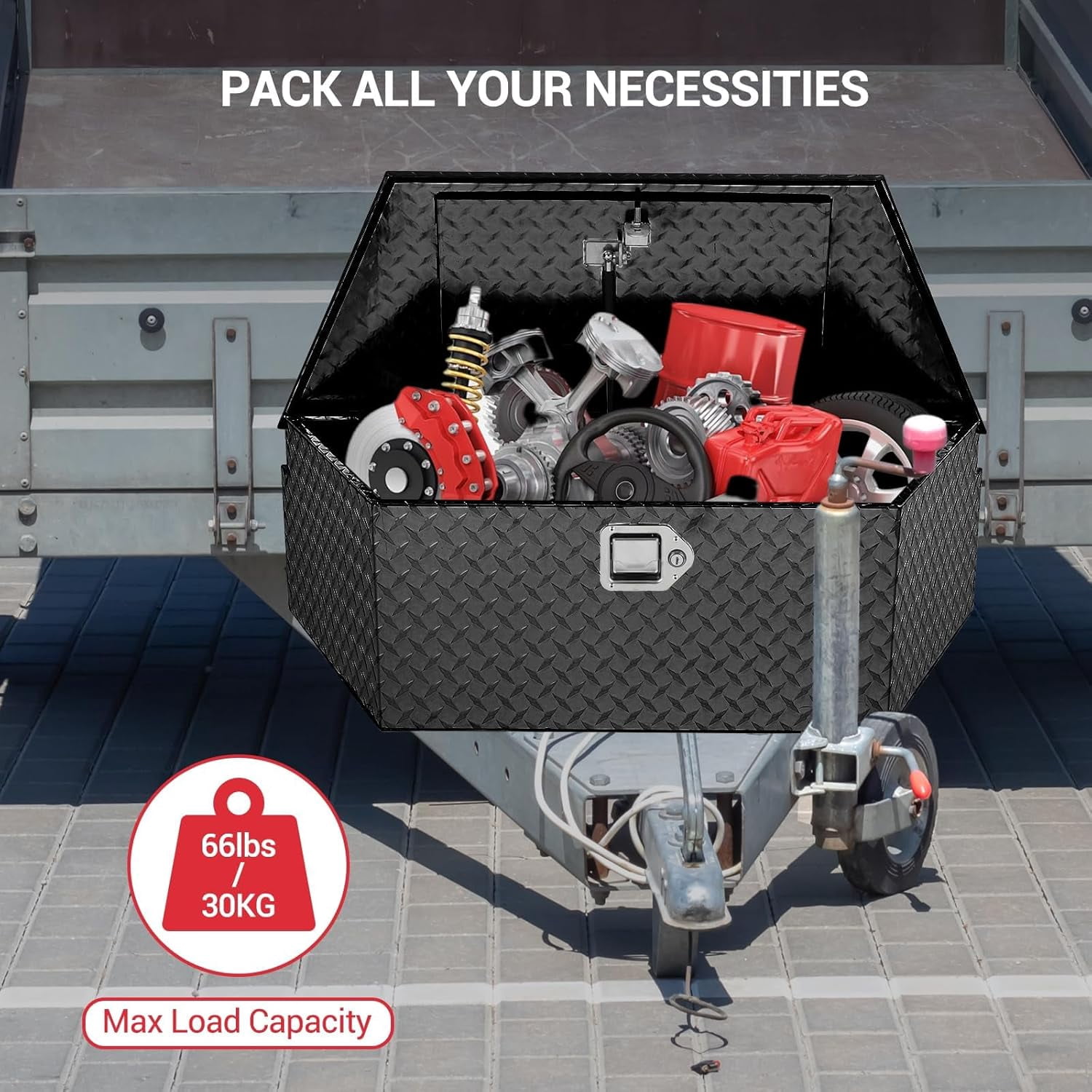 Ladcaser 33" Trailer Tongue Box Heavy Duty Aluminum Trailer Tool Chest Box with Lock and Keys, Diamond Plate Storage Box for Pick Up Truck RV Trailer