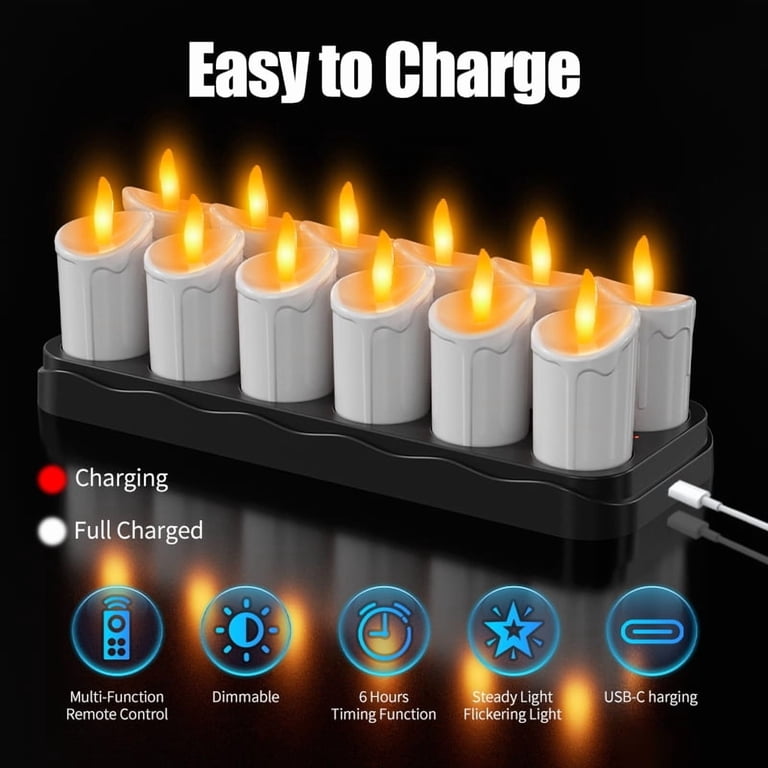 12-Pack Rechargeable Flameless LED Tea Lights With Charging Base – Warm White Flickering Candles, No Batteries Needed