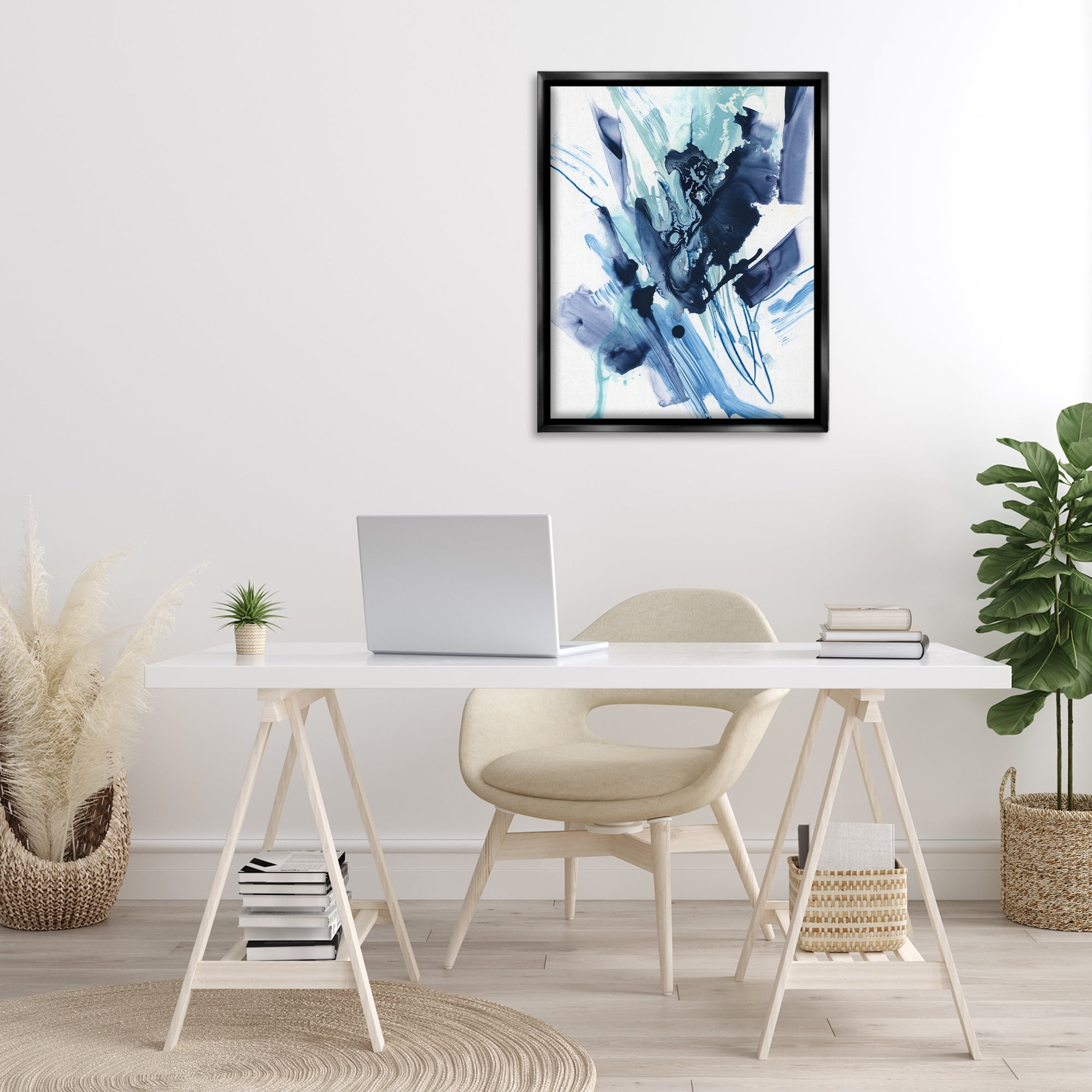 Stupell Industries Restless Blue Splash Abstract Painting Black Floater Framed Canvas Art Print Wall Art, 25 x 31