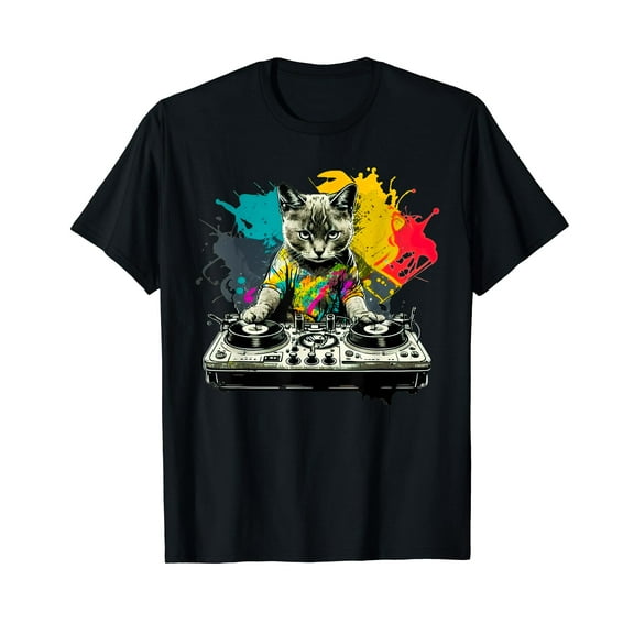 Dj Cat funny house music cat music lover Black T-Shirt