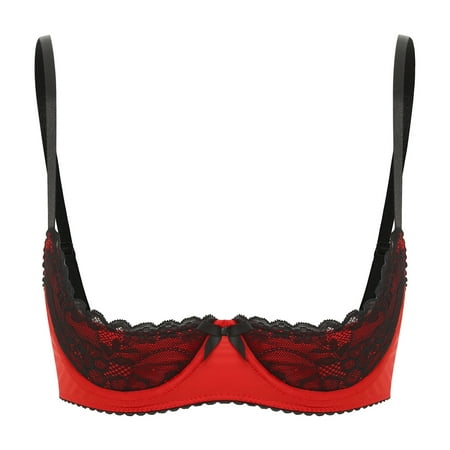 Jowowha Woman s Lace 1/4 Demi Cup Push Up Shelf Bra Underwire Hollow Out Balconette Bra Lingerie Red 5XL