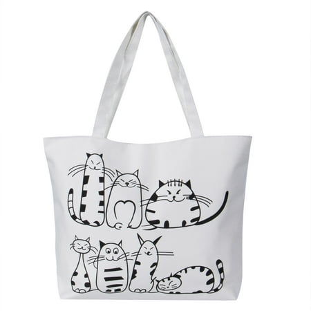 Pudcoco Cartoon Cats Printed Beach Zipper Bag Bolsa Canvas Tote Handbags