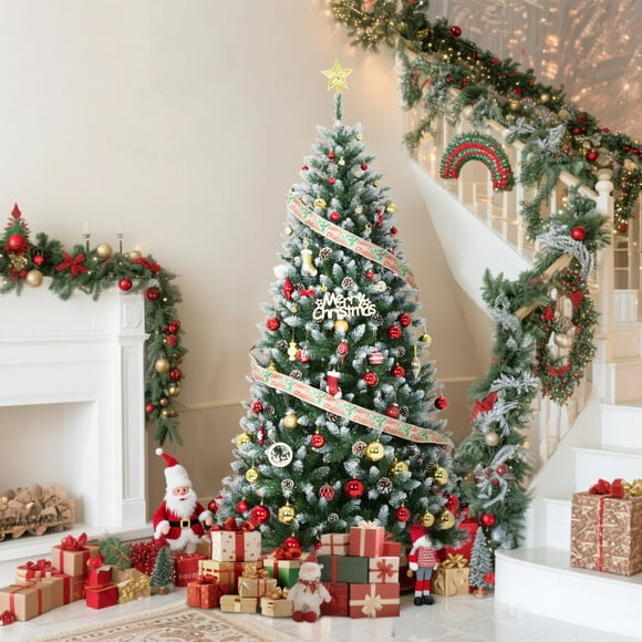 JoanKaren 7.5FT Pre-Lit Artificial Christmas Tree,Lush Snow Flocked Locations,LED Lights,Pine Cones,Sturdy Metal Stand