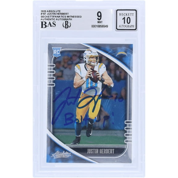 Justin Herbert Los Angeles Chargers Autographed 2020 Panini Absolute #157 Beckett Fanatics Witnessed Authenticated 9/10 Rookie Card with "Bolt Up" Inscription - Fanatics Authentic Certified