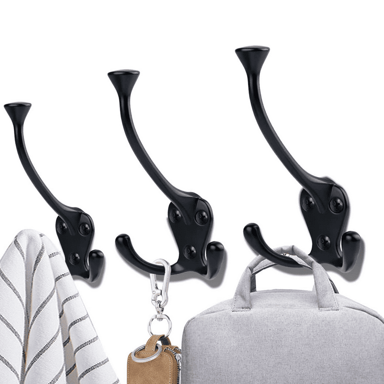 Yihata 5 Pack Big Heavy Duty Three Prongs Coat Hooks Wall Mounted with 15 Screws Retro Double Utility Rustic Hooks for Thick Coat (Black), Size: 5pc
