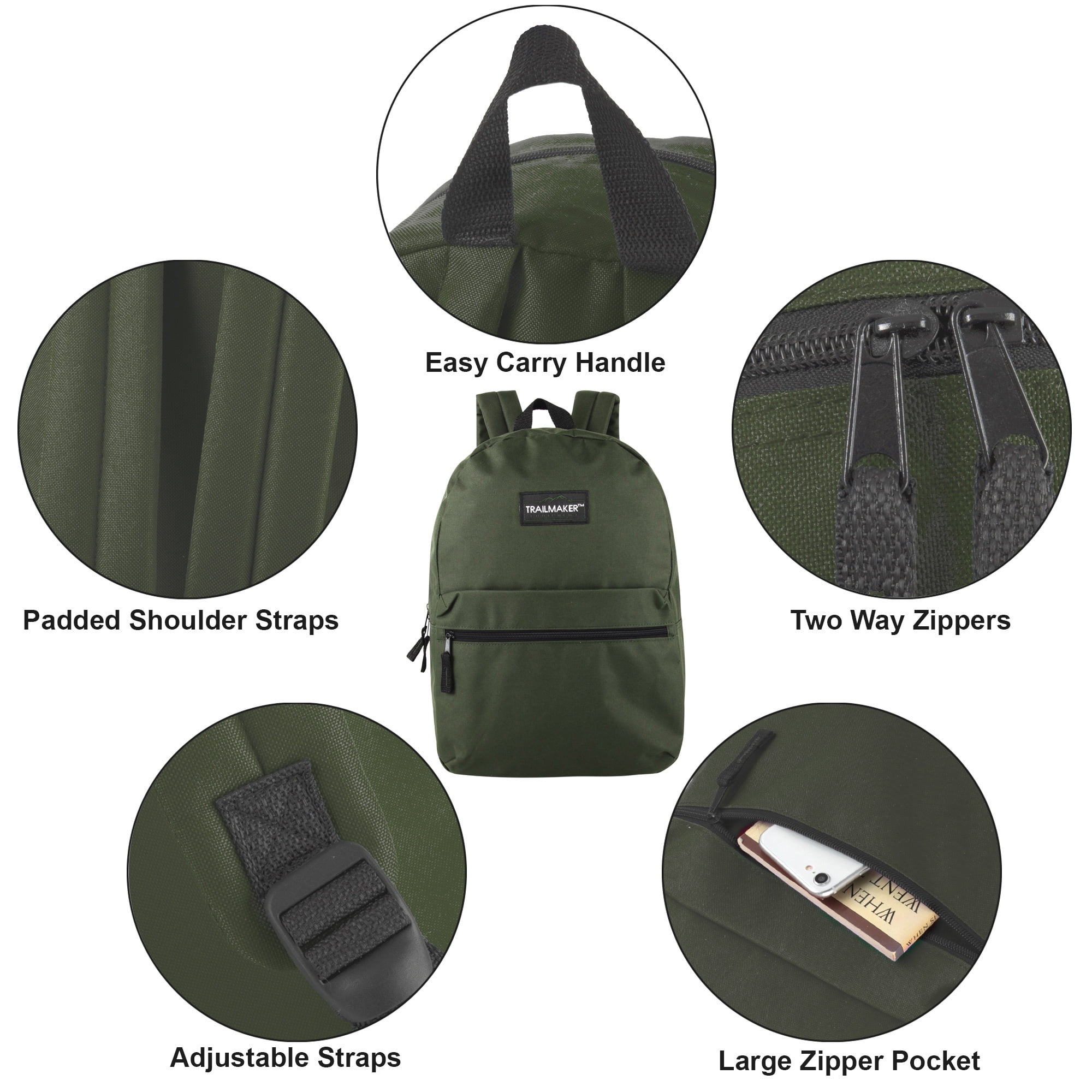 Classic Solid Color 17 Inch Backpack with Front Zipper Accessory Pocket, Dual Zipper Closure & Padded Shoulder Straps for Work, Office, Gym, Sports, Travel, Commute & Recreation in Hunter Green