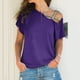 thumbnail image 2 of Camiseta informal, holgada, de manga corta y con hombros cruzados, talla S, elegante blusa morada de verano con hombros descubiertos para mujer, 2 of 6