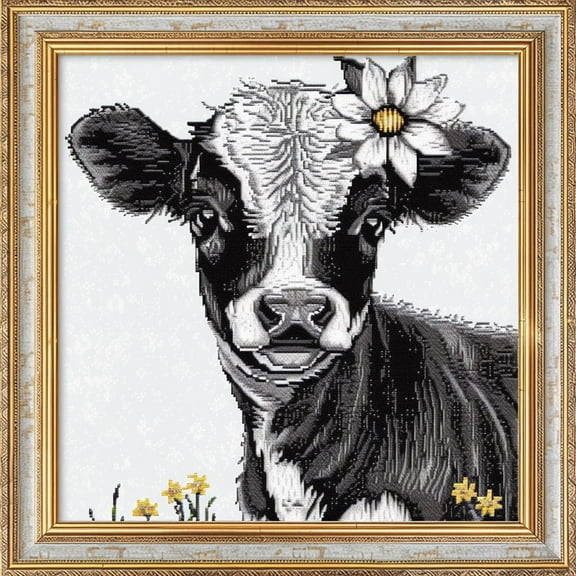 Little Dairy Cow with Flower on Head DIY 11CT Stamped Cross Stitch Kits for Beginners Easy Needlepoint Embroidery Counted Cross Stitch Art Craft for Wall Decoration 14x14inch(3)