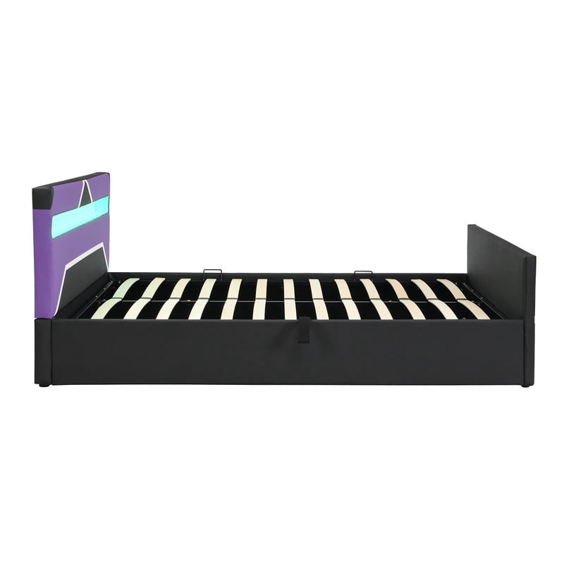Queen Size Cyberpunk Style Low Profile Bed with LED Lighting Headboard, Hydraulic Storage Platform Bed Frame for Kids/Teens/Adults
