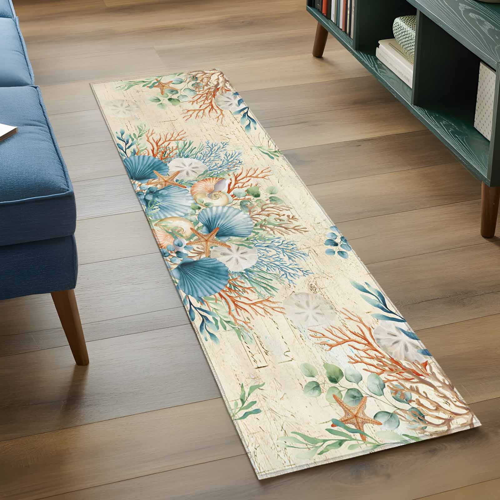 Kitchen Runner 2 x 6 Ft, Beige Beach Coastal Non-Slip Residential Carpet, Summer Nautical Coral Shell Botanical Indoor Crawling Mats Runner Rugs for Living Room/Dining Room/Bedroom