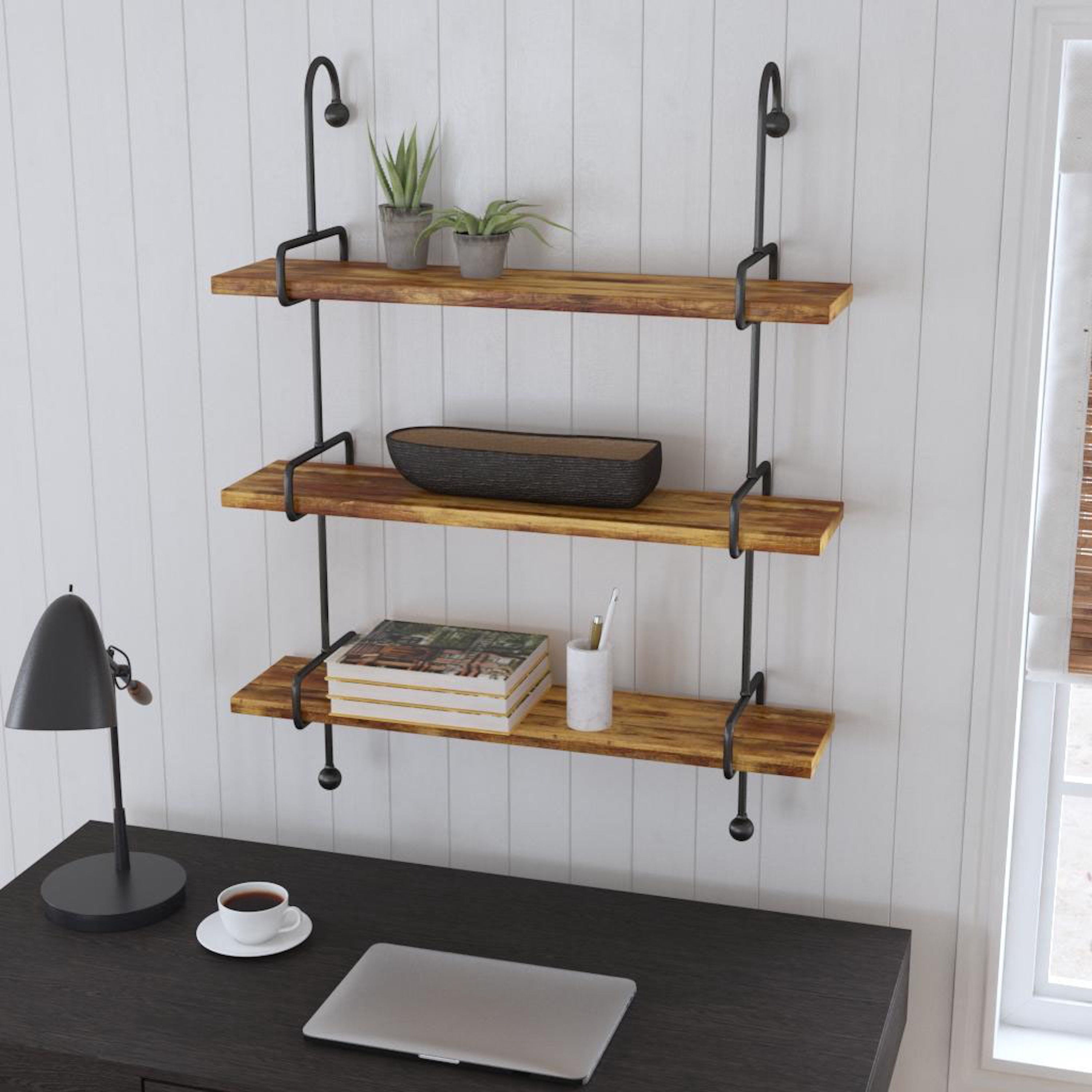 Wrenn 3-Tier Wall Shelves, Black Metal with Natural Mango Wood
