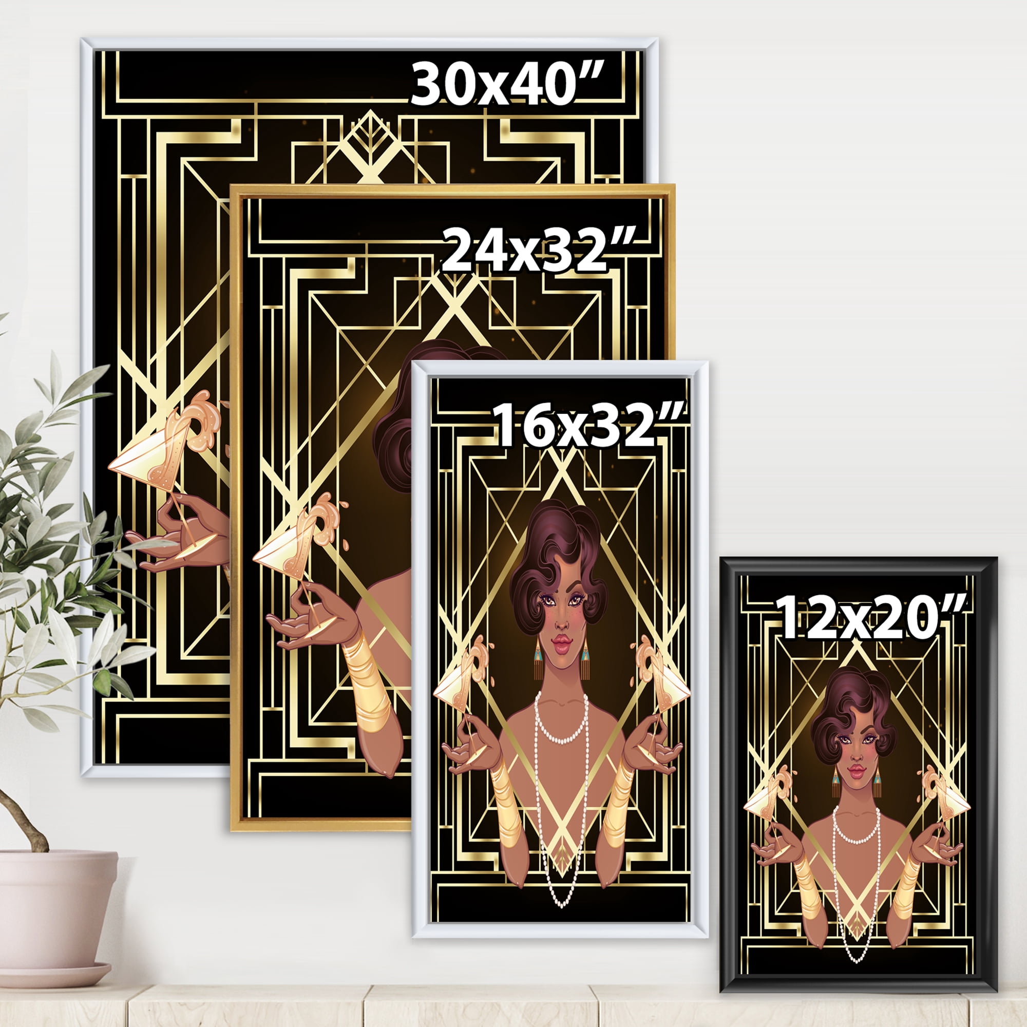 Designart 'Retro Girl In Golden Art Deco Geometrics I' Modern Framed Canvas Wall Art Print