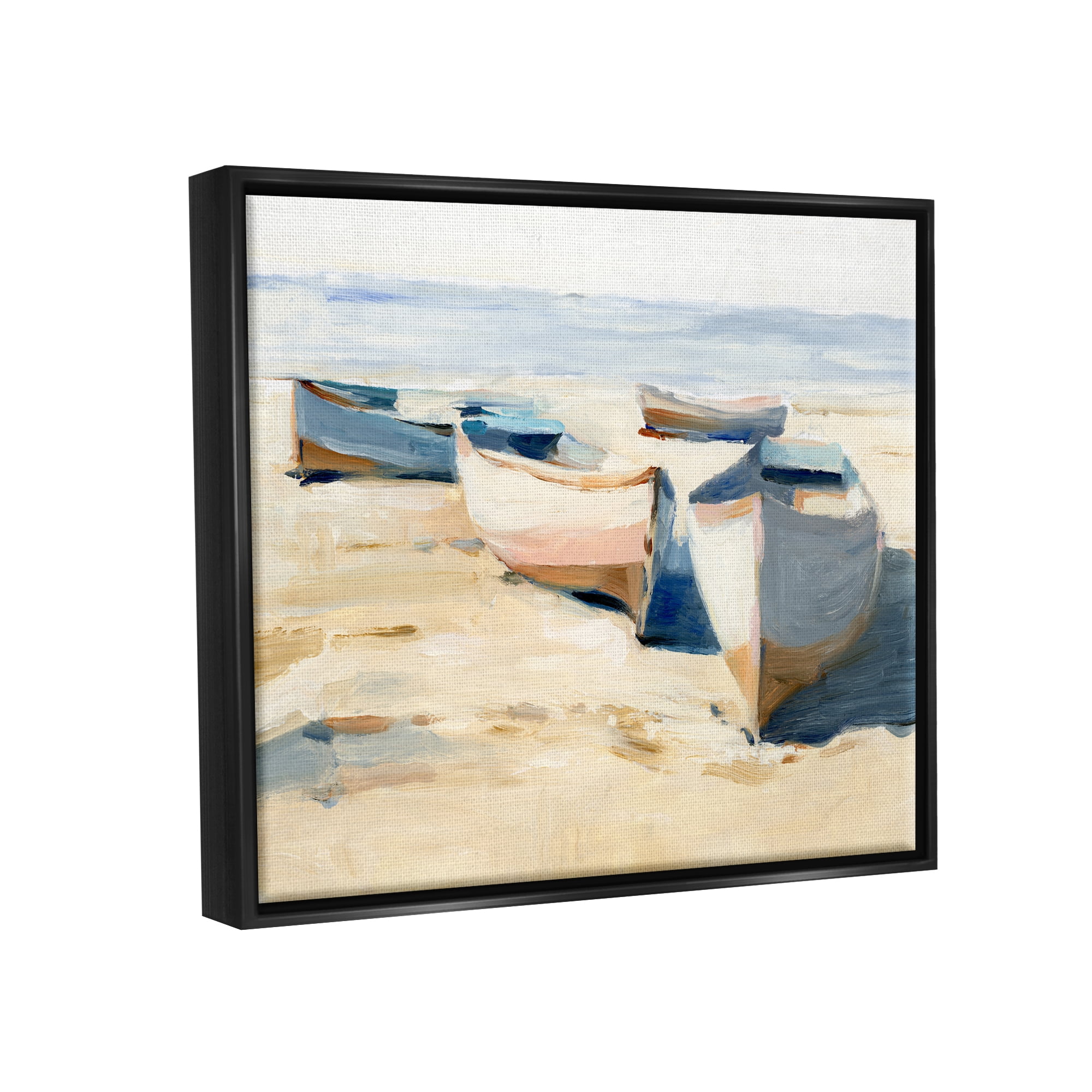 Stupell Industries Boats on Beach Painting Transportation Painting Black Floater Framed Canvas Art Print Wall Art, 31 x 25