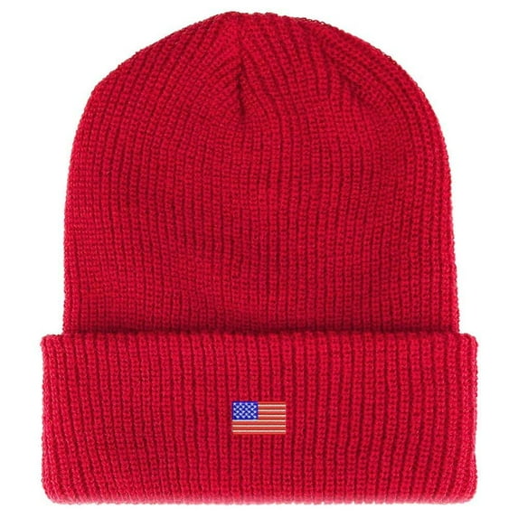 Trendy Apparel Shop US American Flag Small Embroidered Ribbed Cuffed Knit Beanie - Black