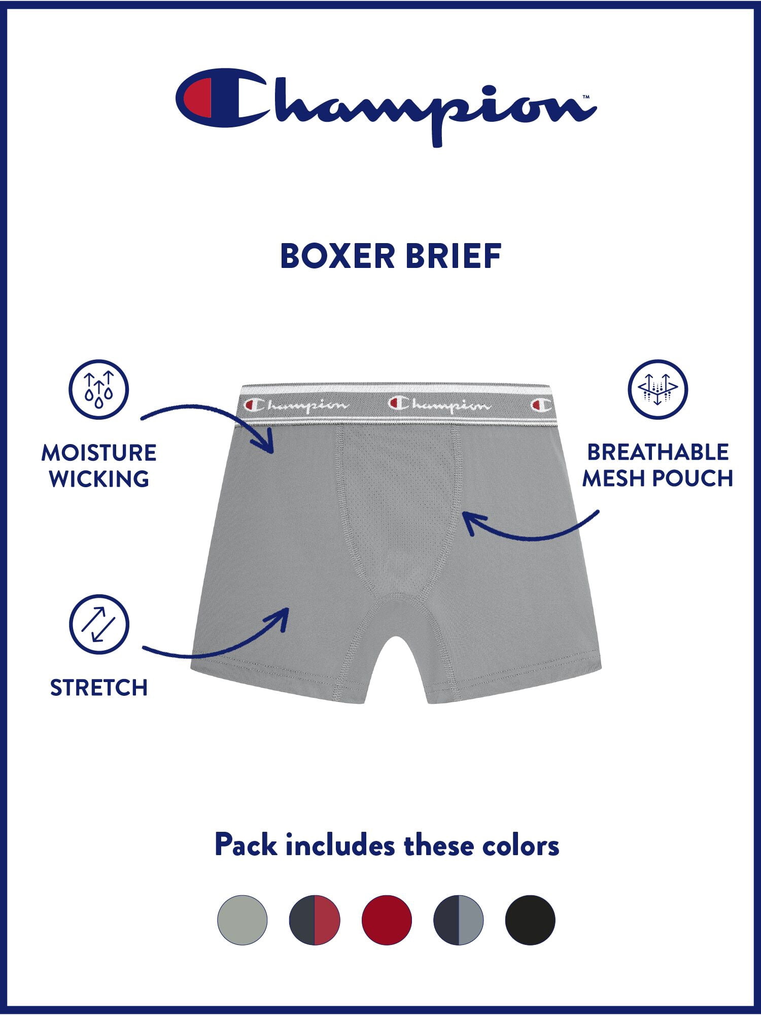 Champion Boys’ Active Performance Boxer Briefs, 5 Pack, Sizes XS–XL