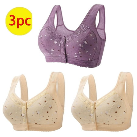 GERsome 3Pcs Assorted Color Everyday Bra Women s Plus Size Convenient Front Closure No Underwire Full Coverage Bras Comfort Wide Strap Sleep Bra for Women 3PCS#2Beige/Purple M