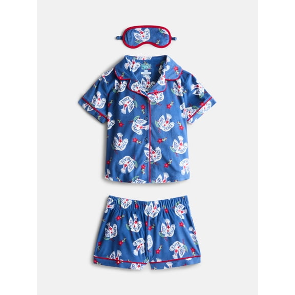 Wonder Nation Girls Short Sleeve Button Front Pajama Top and Shorts Set with Eyemask, 3-Piece, Sizes Sizes 4-18
